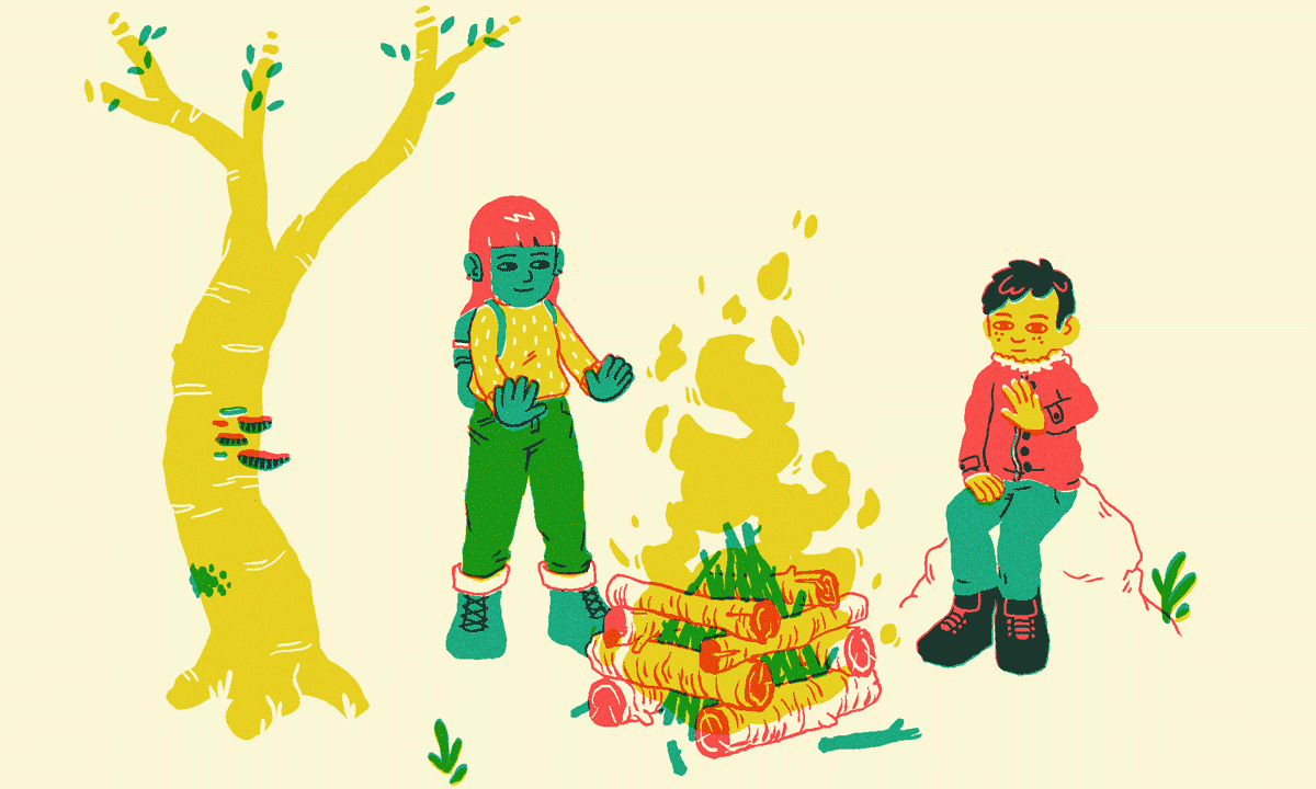 Illustration of two people warming up outside, around a log cabin campfire. One is sitting on a large rock. A tree with some mushrooms is on the left.